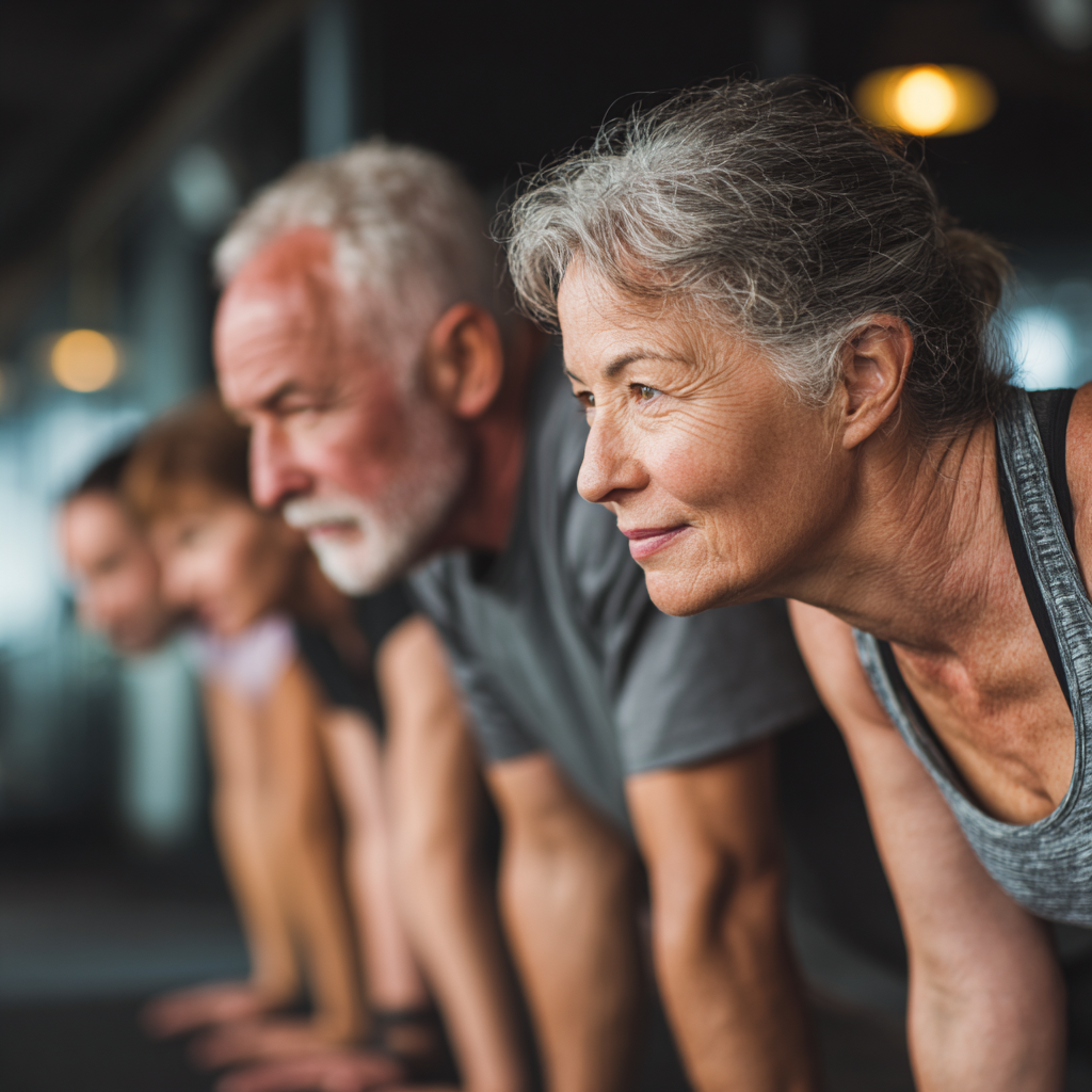 Mature adults engaged in professional fitness training session